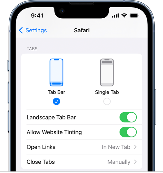 A screen showing two Safari layout options: Tab Bar and Single Tab.