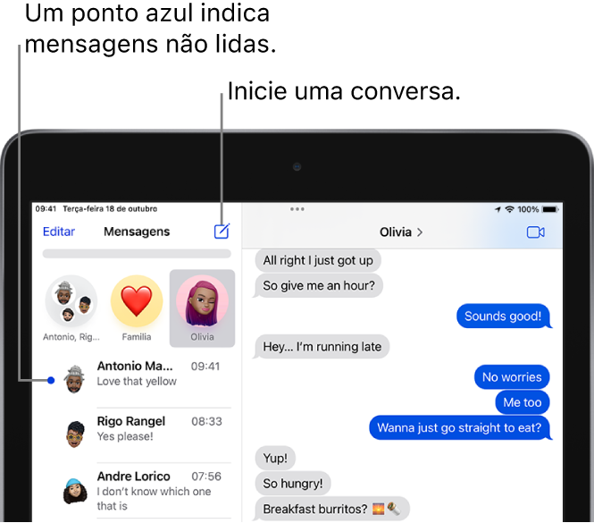 A lista de Mensagens, com o botão Editar na parte superior esquerda e o botão FaceTime no canto superior direito. Um ponto azul à esquerda de uma mensagem significa que ela não foi lida.