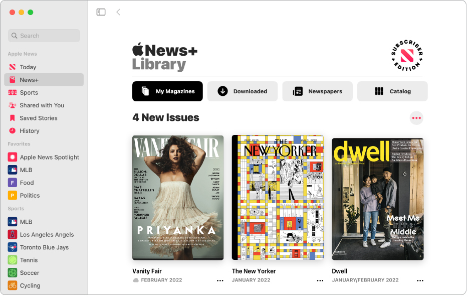 The Apple News window showing News+ selected in the sidebar. In the Apple News+ Library on the right, the collection My Magazines is selected. Below the title 4 New Issues, issues are arranged in a grid.