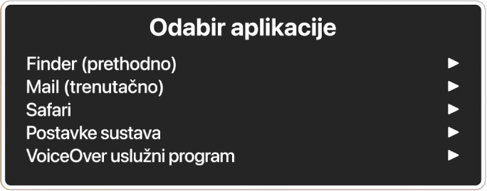 Izbornik aplikacija s pet otvorenih aplikacija, uključujući Finder i Postavke sustava. S desne strane svake stavke u popisu nalazi se strelica.