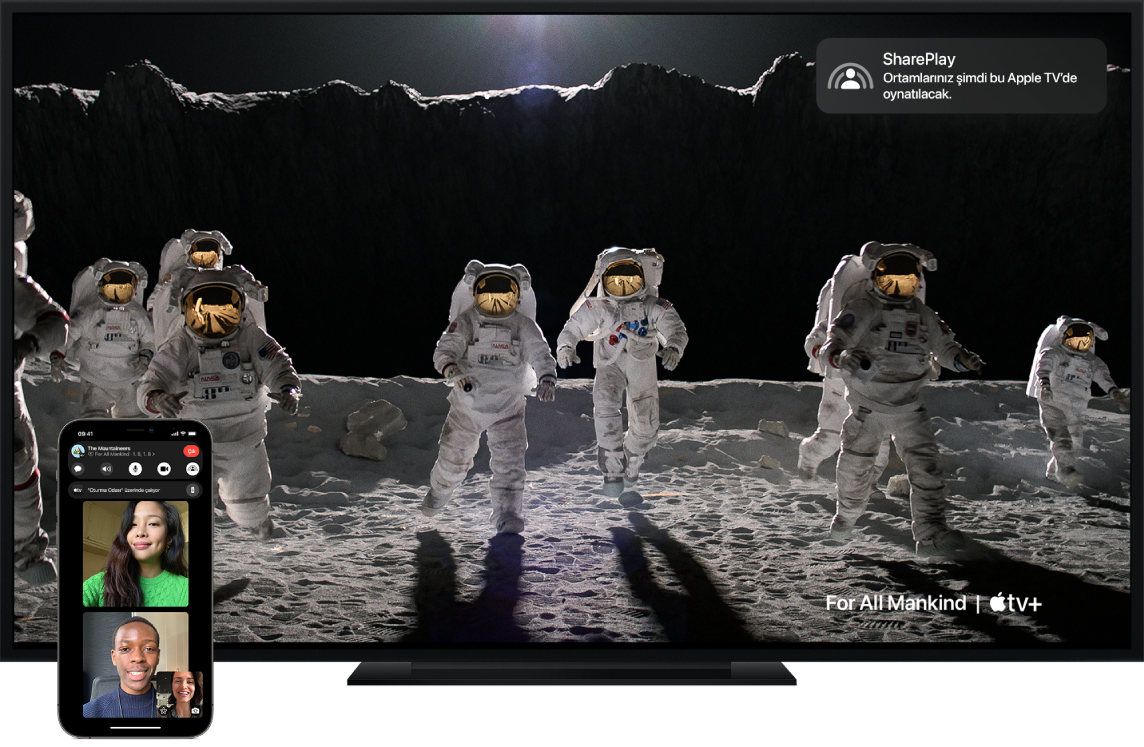 iPhone’da ve Apple TV’de gösterilen SharePlay örneği.