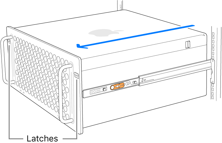 Mac Pro resting on rails attached to a rack.