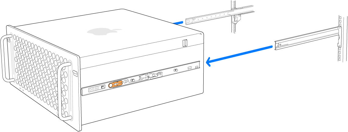 Le Mac Pro en train d’être retiré des glissières qui sont fixées au rack.