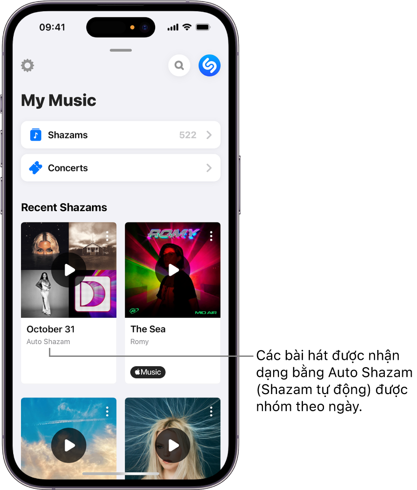 Màn hình My Music (Nhạc của tôi) đang hiển thị một nhóm các bài hát được nhận dạng bằng Auto Shazam (Shazam tự động)