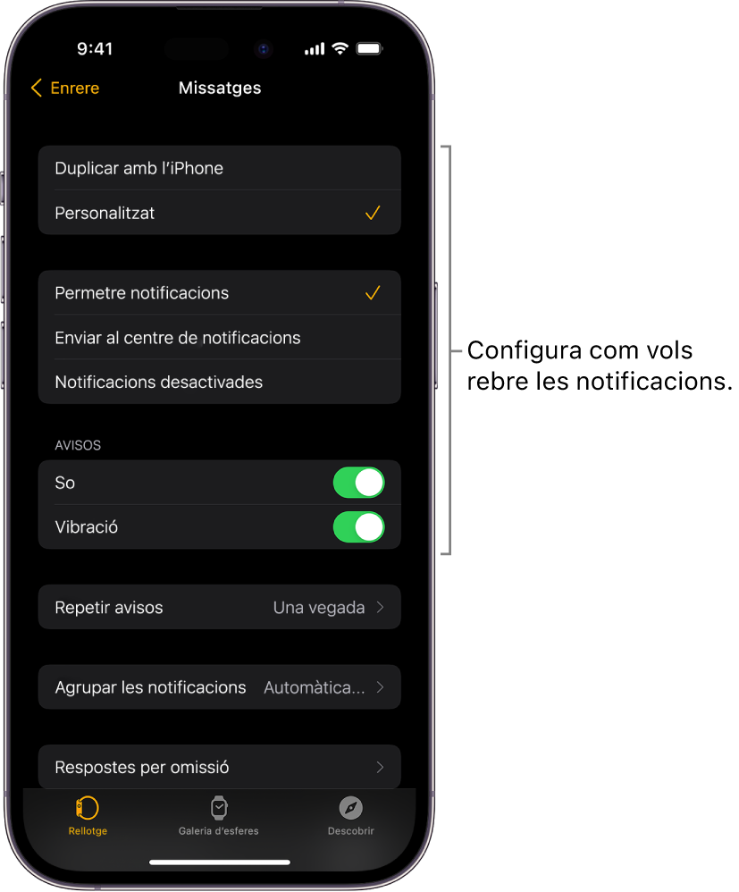 La configuració de l’app Missatges a l’app Apple Watch de l’iPhone. Pots triar si vols que es mostrin els avisos, s’activi el so, s’activi la vibració i es repeteixin els avisos.