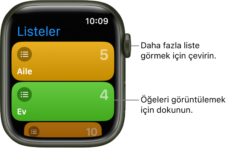 Anımsatıcılar uygulamasındaki Listeler ekranı iki liste düğmesi gösteriyor: Aile ve Ev. Sağ taraftaki sayılar, her listede kaç anımsatıcı olduğunu belirtir. Öğelerini görmek istediğiniz bir listeye dokunun veya daha fazla liste görmek için Digital Crown’u çevirin.