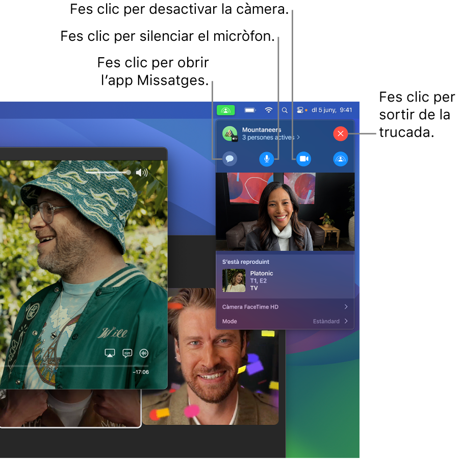 Els controls del SharePlay a la barra de menús, incloent el botons per obrir l’app Missatges, silenciar el micròfon, desactivar la càmera i sortir de la trucada.