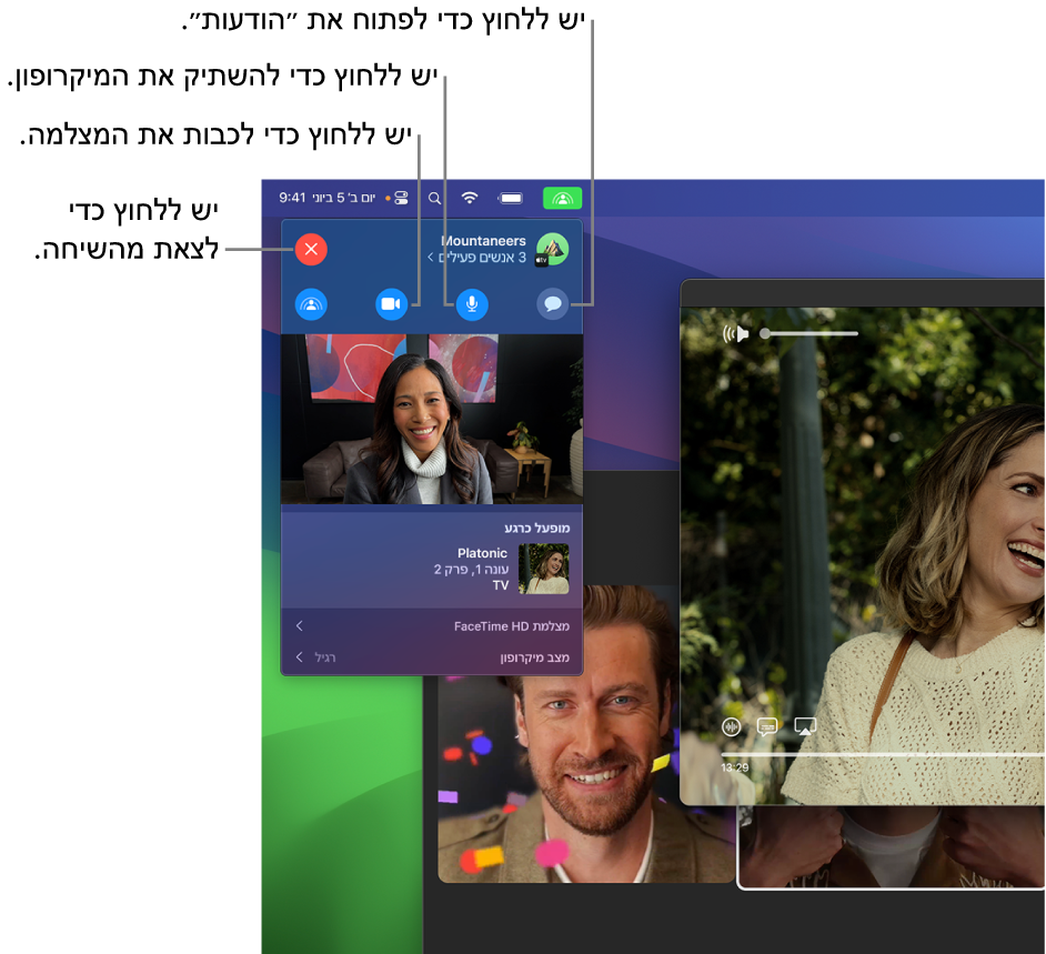 פקדי SharePlay מוצגים בשורת התפריטים וכוללים כפתורים לפתיחת היישום ״הודעות״, להשתקת המיקרופון, לכיבוי המצלמה ולעזיבת השיחה