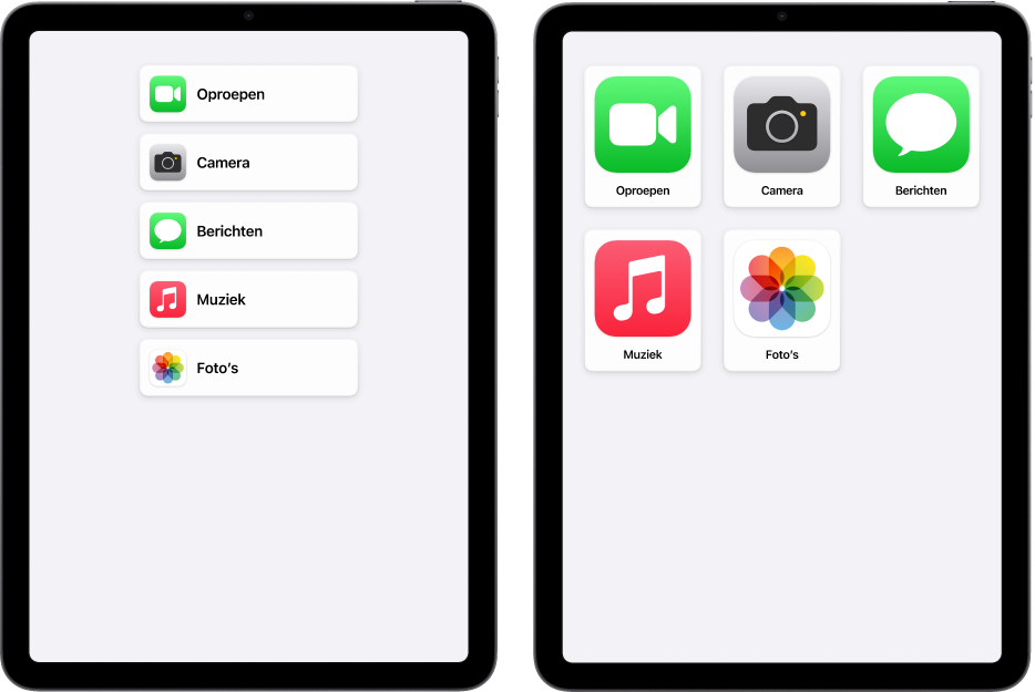 Twee iPads met hulpbedieningstoegang. Op de ene is het beginscherm te zien met apps in rijen onder elkaar. Op de andere zijn grotere apps in een raster te zien.