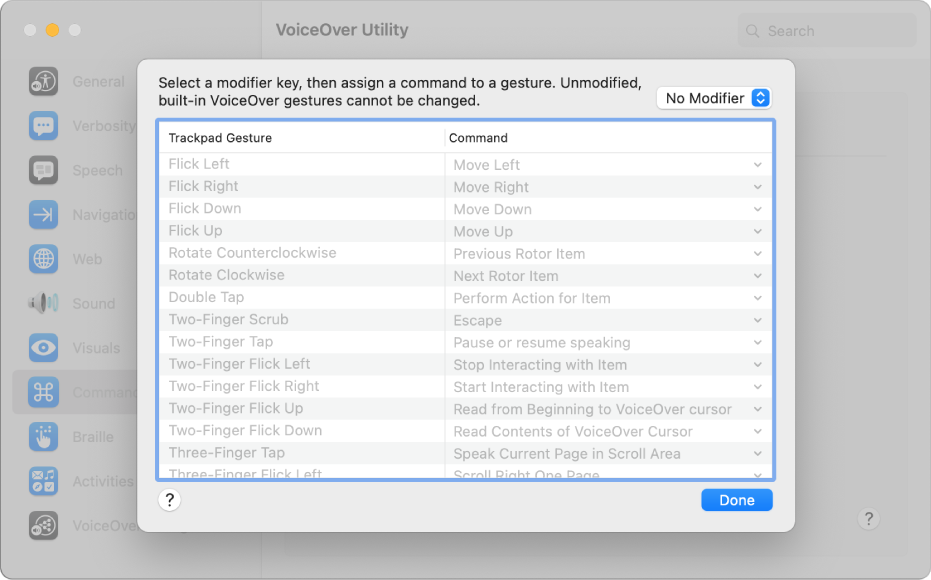 A list of VoiceOver gestures and corresponding commands are shown in the Trackpad Commander in VoiceOver Utility.