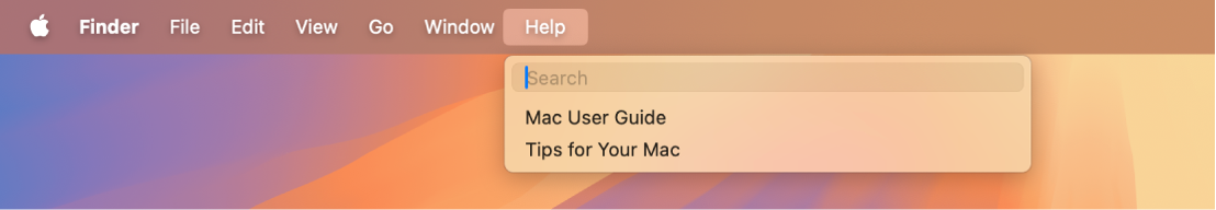 A partial desktop with the Help menu open, showing menu options for Search and macOS Help.