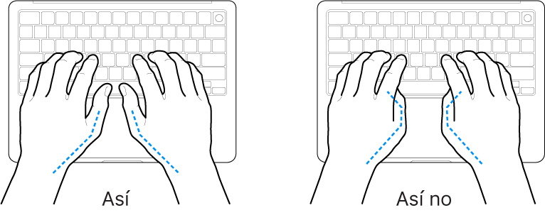 Manos posicionadas sobre un teclado, mostrando la alineación correcta e incorrecta de los pulgares.