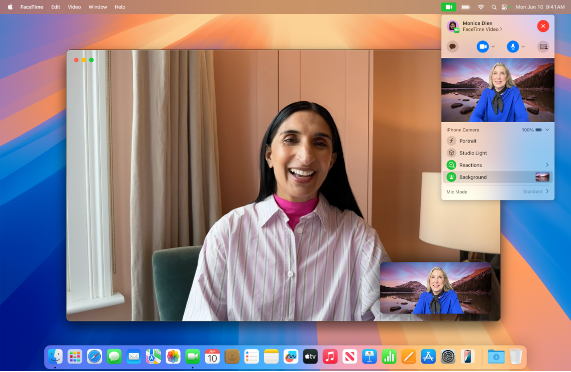 Una ventana de FaceTime mostrando efectos de video, incluidos botones para reemplazar tu fondo.