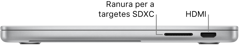 Vista lateral dreta d’un MacBook Pro de 16 polzades amb llegendes de la ranura per a targetes SDXC, el port Thunderbolt 4 (USB-C) i el port HDMI.