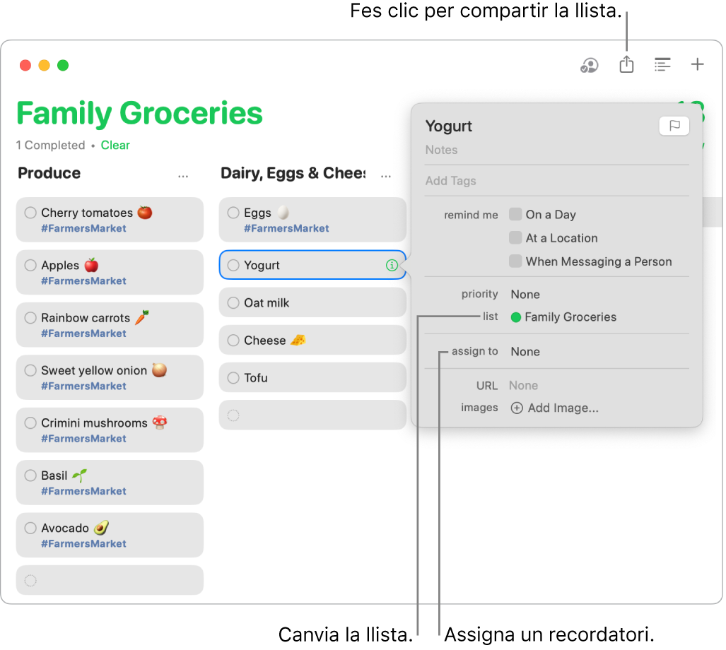 Una finestra de l’app Recordatoris que mostra els detalls d’un recordatori en una llista de la compra compartida.