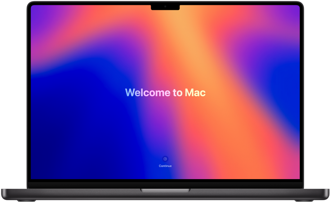 Un MacBook Pro obert amb el text “Et donem la benvinguda al Mac” a la pantalla.