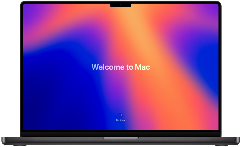 Un MacBook Pro ouvert avec le mot « bonjour » et un bouton indiquant « Démarrer » à l’écran.