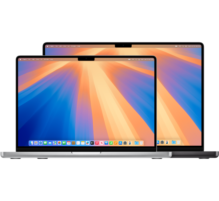 16 inç MacBook Pro’nun önünde 14 inç MacBook Pro bilgisayar.