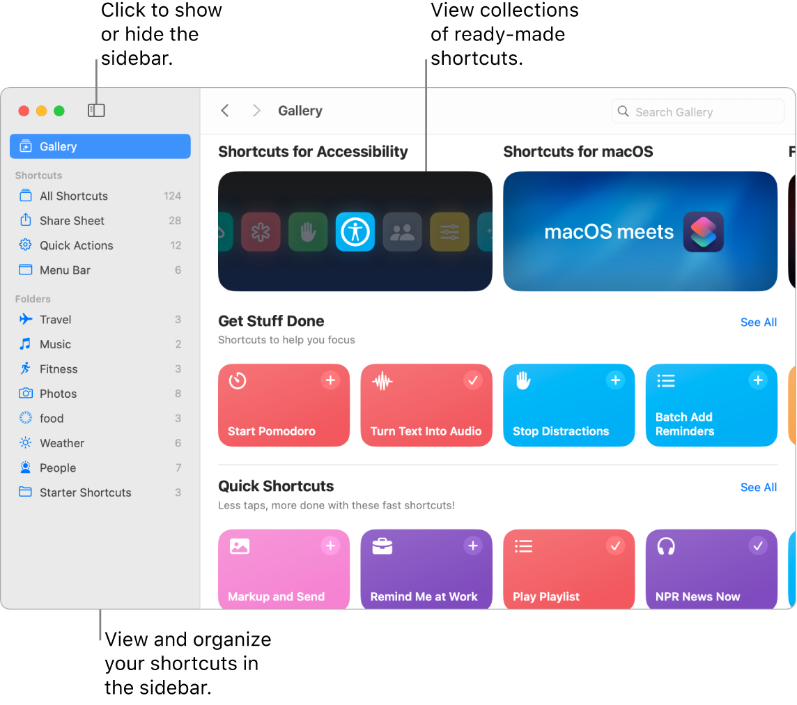 The Shortcuts window with the sidebar open on the left and the Gallery on the right. The Sidebar button and navigation arrows are on the top left above the Gallery and the search field is in the top-right.