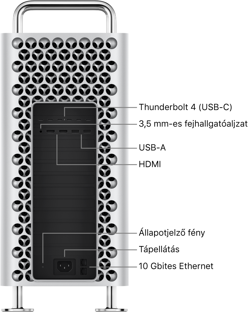 A Mac Pro oldalnézetből a hat Thunderbolt 4- (USB-C) porttal, a 3,5 mm-es fejhallgató-csatlakozóval, két USB-A-porttal, két HDMI-porttal, egy állapotjelző fénnyel, egy tápcsatlakozóval és két 10 Gbites Ethernet-porttal.