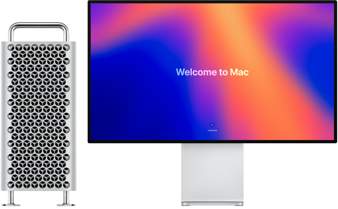 Mac ProとPro Display XDRが並んでいます。画面には「ようこそMacへ」と表示されています。