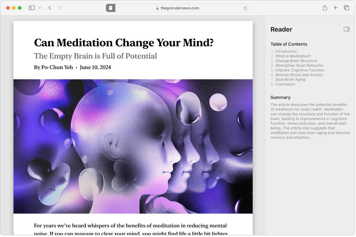 Et Safari-appvindu som viser den oppdaterte Safari-leseren. Til høyre for artikkelen vises den leser-genererte innholdsfortegnelsen og oppsummeringen av artikkelen.