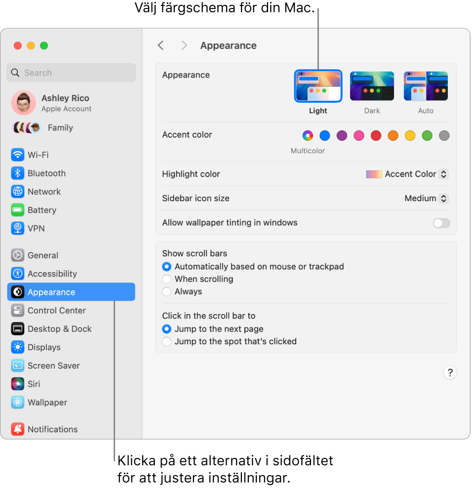 Fönstret Utseende i Systeminställningar.