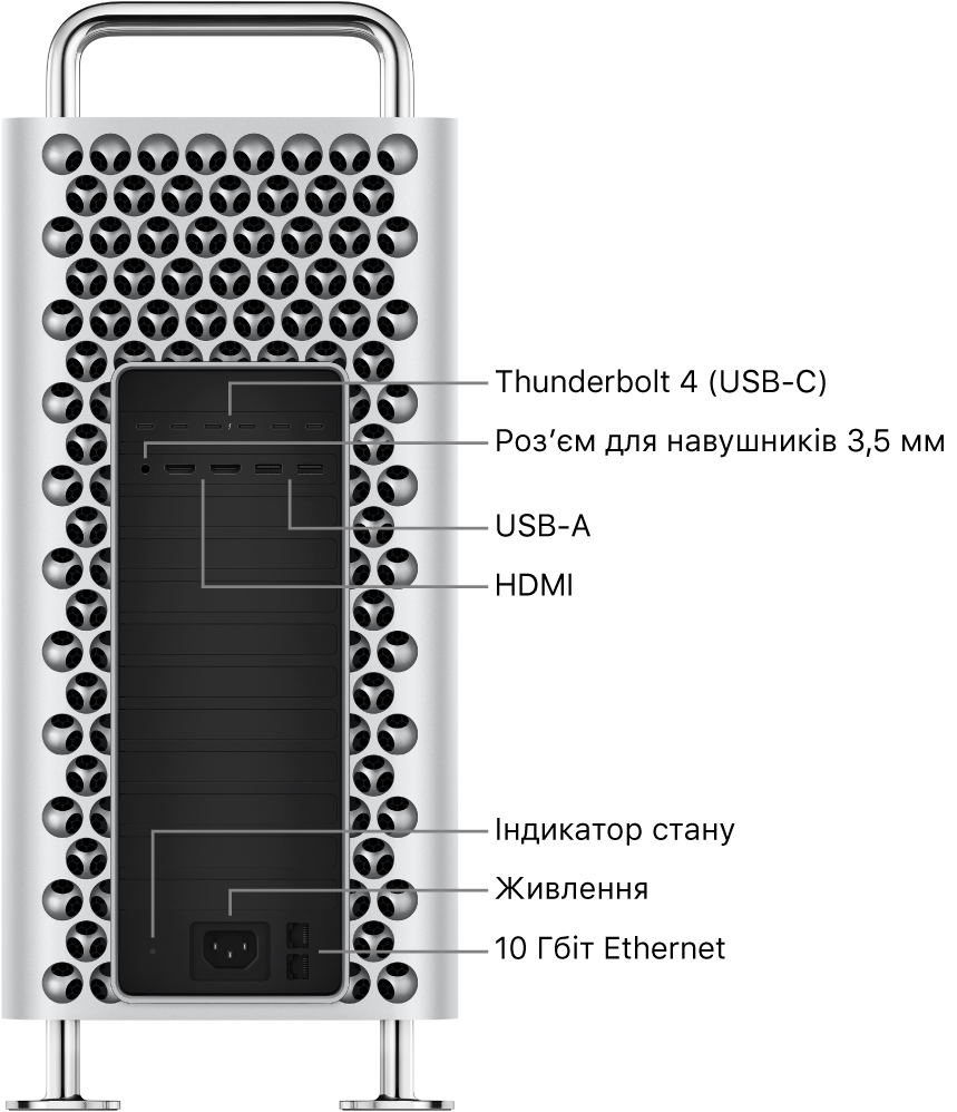 Вигляд збоку на Mac Pro, який демонструє шість портів Thunderbolt 4 (USB-C), роз’єм для навушників 3,5 мм, два порти USB-A, два порти HDMI, світловий індикатор стану, порт живлення і два порти 10 Gigabit Ethernet.