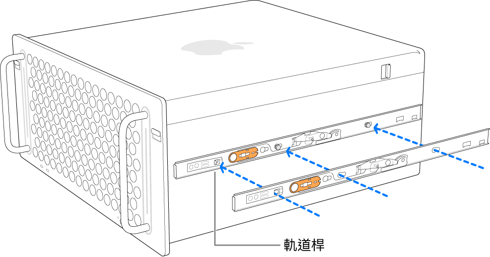 內部軌道已連接到其側邊的 Mac Pro。