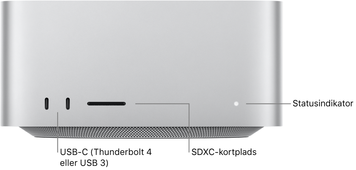 Forsiden af Mac Studio, der viser to USB-C-porte, SDXC-kortpladsen og statusindikatoren.