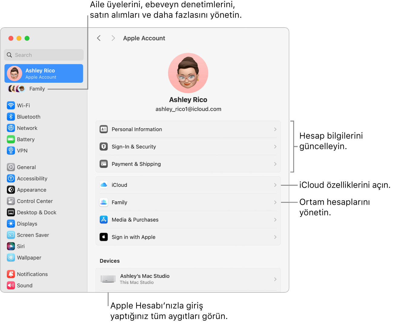 Hesap bilgilerini güncellemeye, iCloud özelliklerini açma veya kapatmaya, ortam hesaplarını yönetmeye ve aile üyelerini, ebeveyn denetimlerini, satın alımları ve daha fazlasını yönetebileceğiniz Aile’ye belirtme çizgileri ile Sistem Ayarları’nda Apple Hesabı ayarları.