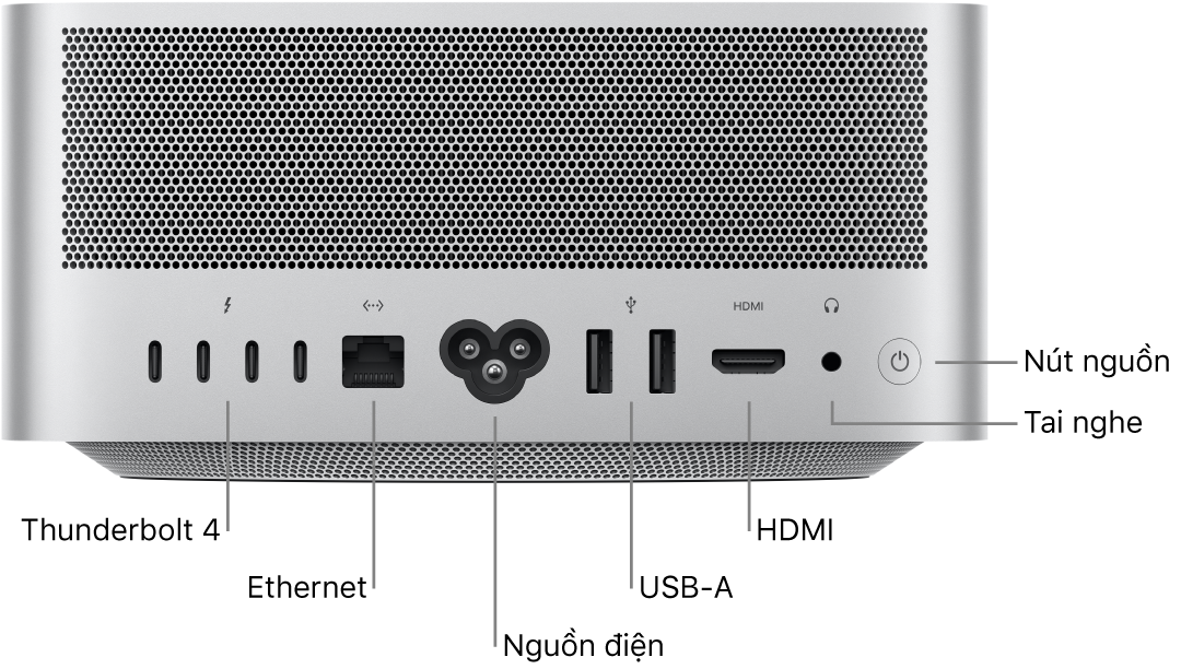 Mặt sau của Mac Studio đang hiển thị bốn cổng Thunderbolt 4 (USB-C), cổng Gigabit Ethernet, cổng nguồn, hai cổng USB-A, cổng HDMI, giắc cắm tai nghe 3,5 mm và nút nguồn.