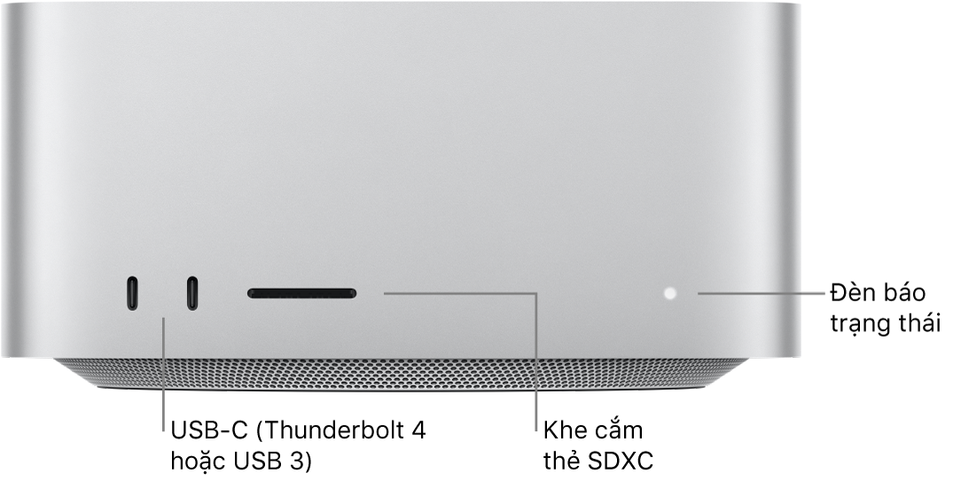 Mặt trước của Mac Studio đang hiển thị hai cổng USB-C, khe cắm thẻ SDXC và đèn báo trạng thái.