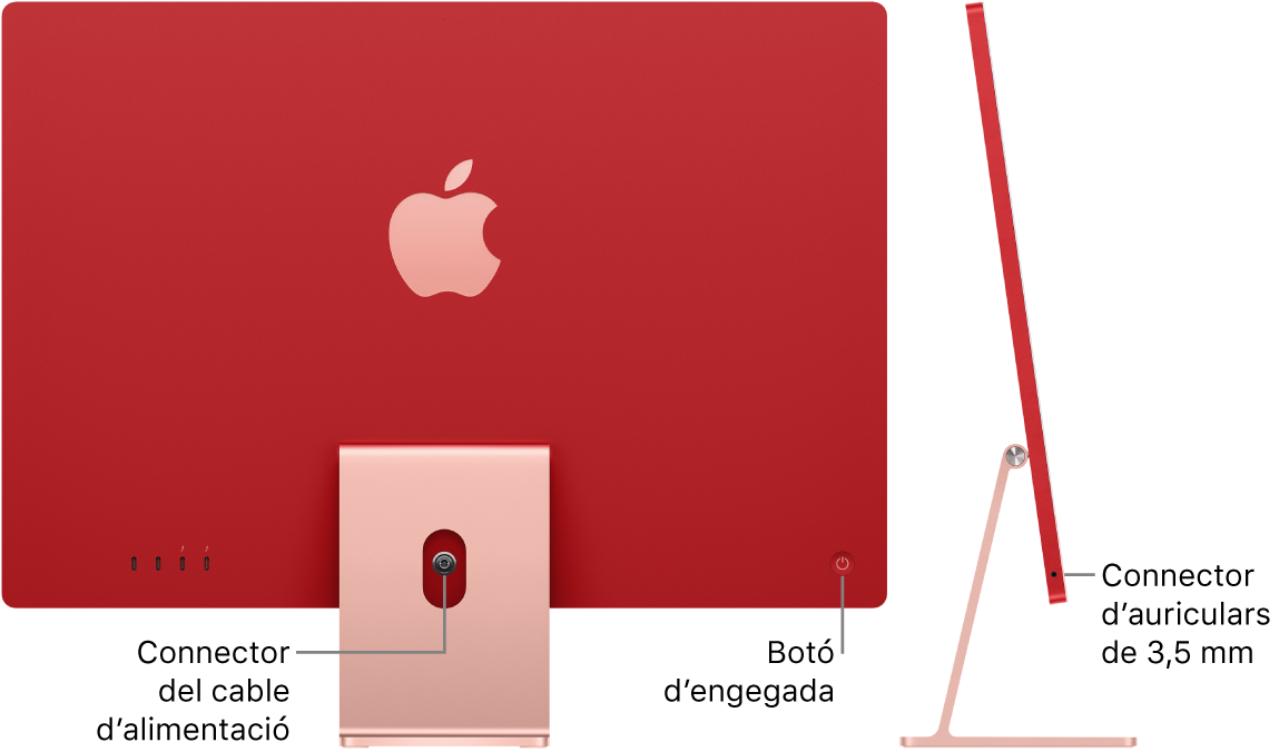 Vista posterior de l’iMac en què es veuen el connector d’alimentació i el botó d’engegada. Al costat, hi ha una vista lateral en què es veu l’entrada dels auriculars.