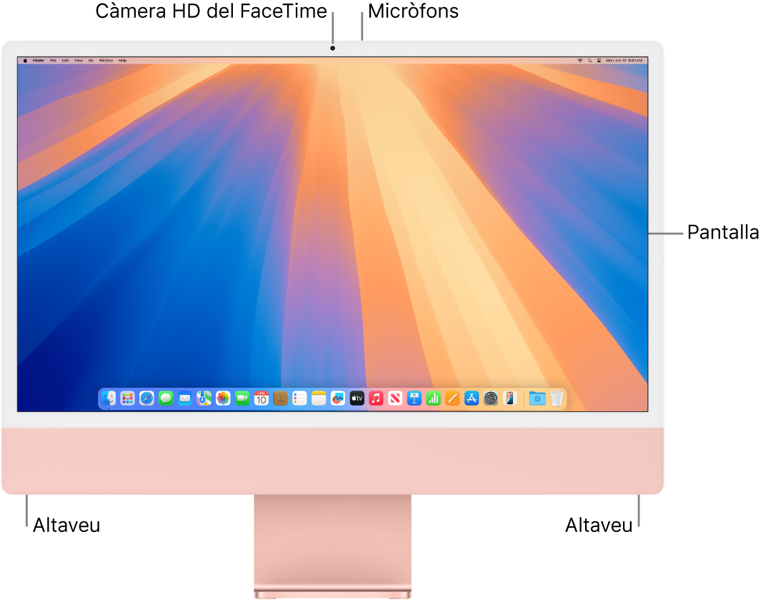 Vista frontal de l’iMac en què es veuen la pantalla, la càmera, els micròfons i els altaveus.