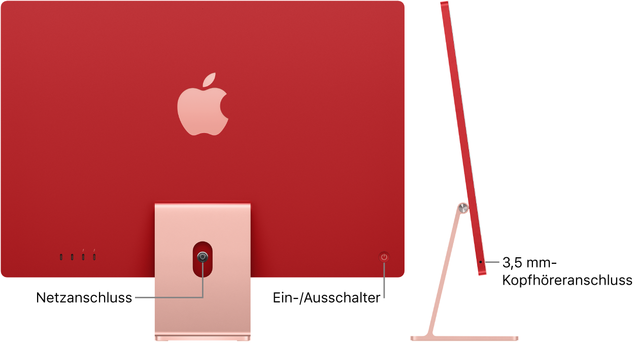 Rückansicht des iMac mit Netzanschluss und Ein-/Ausschalter. Daneben ist eine Seitenansicht mit dem Kopfhöreranschluss.