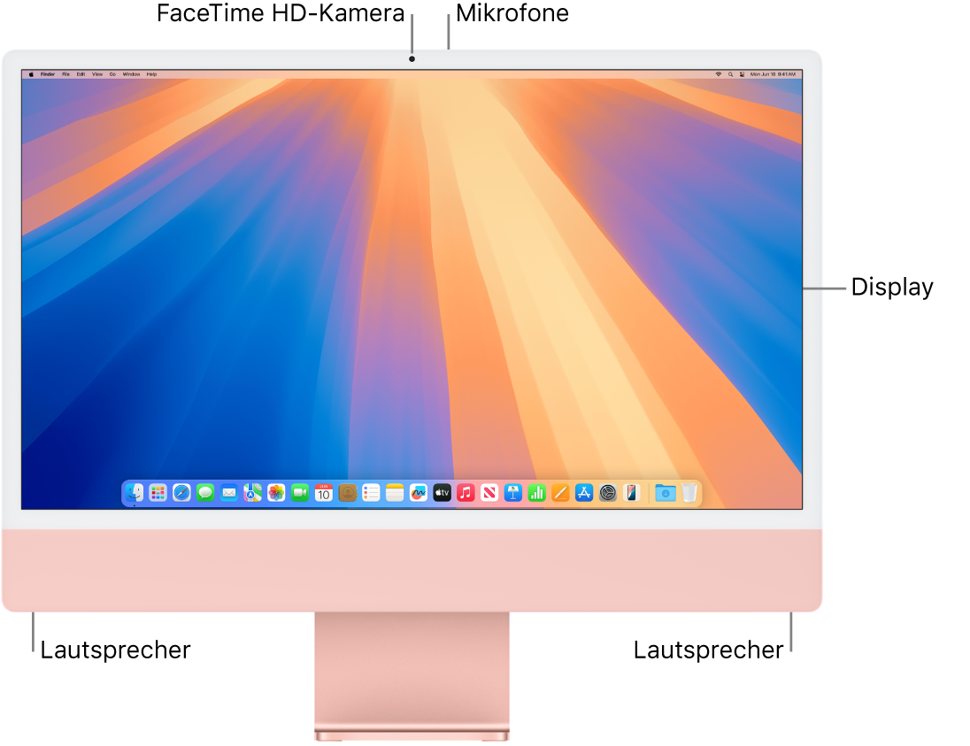 Vorderansicht des iMac mit Bildschirm, Kamera, Mikrofonen und Lautsprechern.