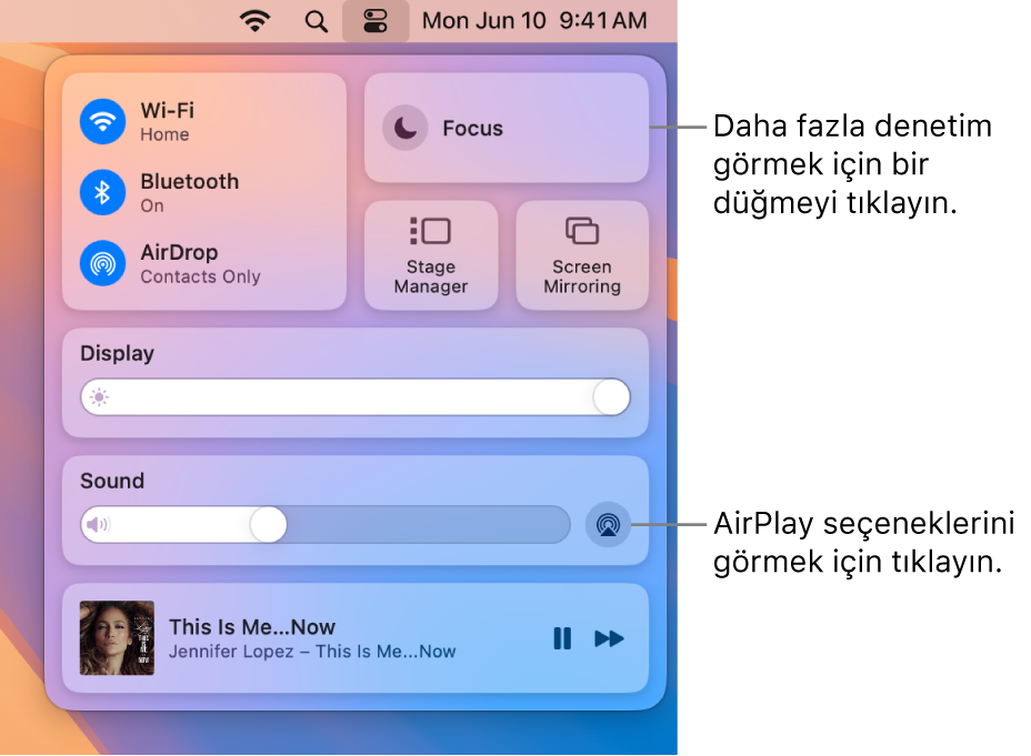 Mac’inizdeki Denetim Merkezi’nin büyütülmüş görüntüsü.