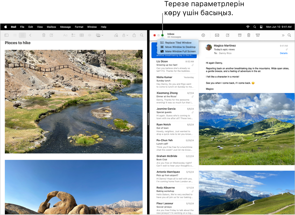 Экранның сол жағын толтырып тұрған Keynote көрсетілімі және оң жақты толтырып тұрған Pages құжаты. Қалқымалы мәзір Replace Tiled Window, Move Window to Desktop, және Make Window Full Screen параметрлерін көрсетіп тұрған жасыл түйменің төменгі жағында ашық тұр.