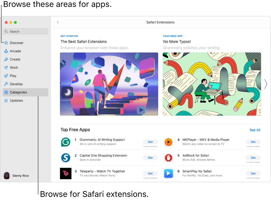 The Safari Extensions Mac App Store page. The sidebar on the left includes links to other pages: Discover, Arcade, Create, Work, Play, Develop, Categories, and Updates. On the right are available Safari extensions.