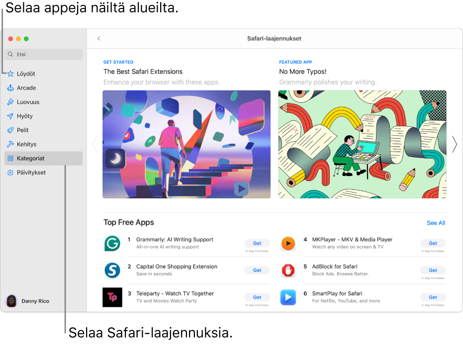 Safari-laajennusten Mac App Storen pääsivu. Vasemmalla oleva sivupalkki sisältää linkkejä muihin sivuihin: Löydöt, Arcade, Luovuus, Hyöty, Pelit, Kehitys, Kategoriat ja Päivitykset. Oikealla ovat saatavilla olevat Safari-laajennukset.