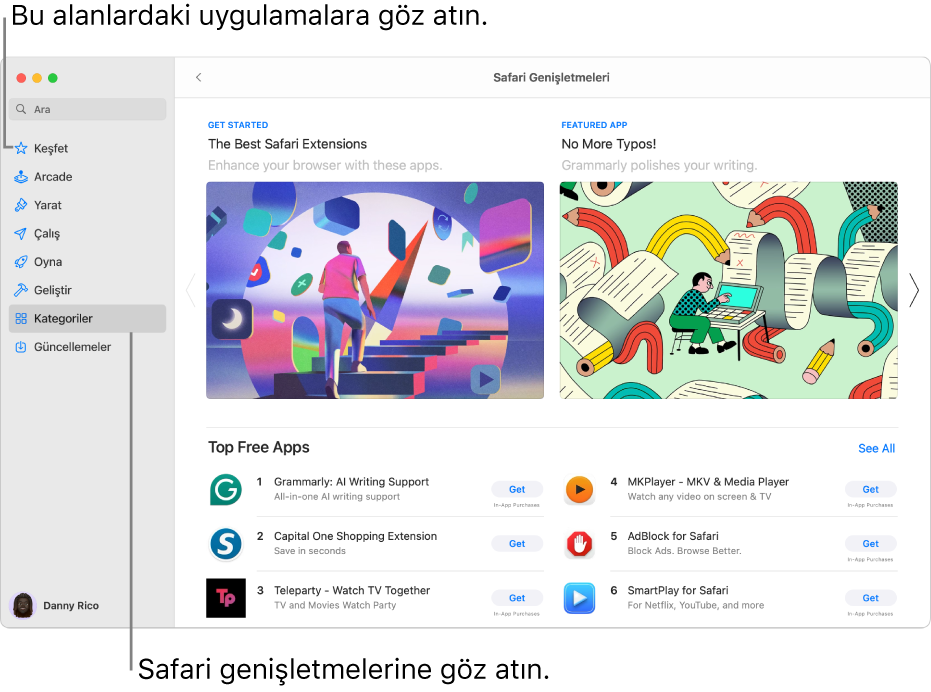 Safari Genişletmeleri Mac App Store sayfası. Sol taraftaki kenar çubuğu diğer sayfalara bağlantıları içerir: Keşfet, Arcade, Yarat, Çalış, Oyna, Geliştir, Kategoriler ve Güncellemeler. Sağda kullanılabilir Safari genişletmeleri bulunur.