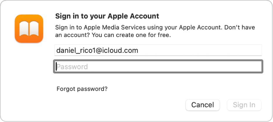 The "Sign in to your Apple Account” dialog in Books.