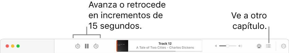 El reproductor de audiolibros en Apple Books, que muestra (de izquierda a derecha) el botón “Velocidad de reproducción”, los botones Avanzar, Pausa y Retroceder, el título y el autor del audiolibro en reproducción, el regulador Volumen, el botón AirPlay, el botón “Tabla de contenido” y el botón Más.