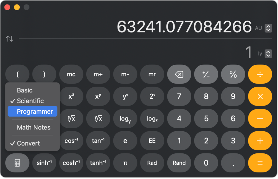 A calculator in scientific mode showing a conversion from astronomical units to light years.