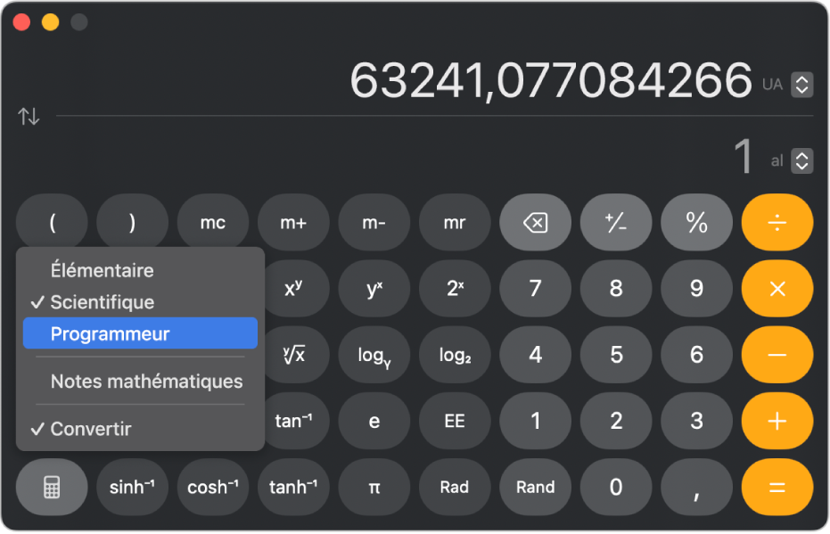 Une calculette en mode scientifique affichant une conversion d’unités astronomiques en années lumière.