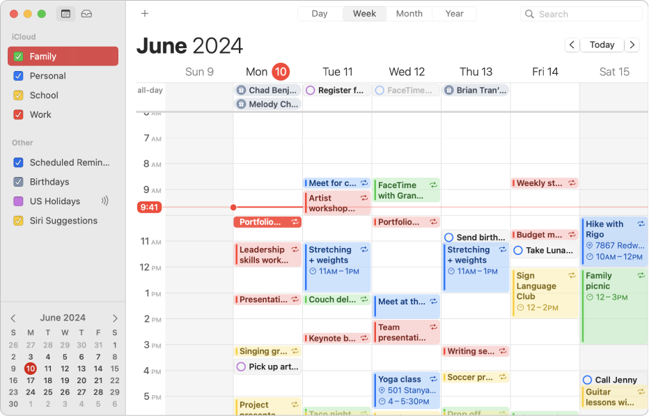 A Calendar window in Month view showing color-coded personal, work, family, and school calendars in the sidebar under the iCloud account heading.