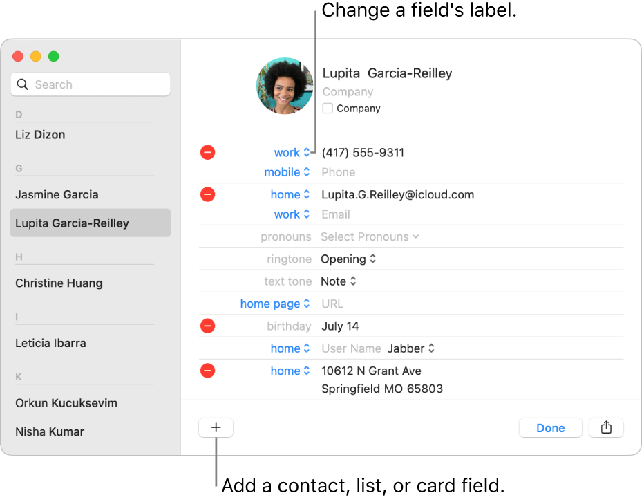 A contact card showing a field label that can be changed and the button at the bottom of the card for adding a contact, list, or card field.