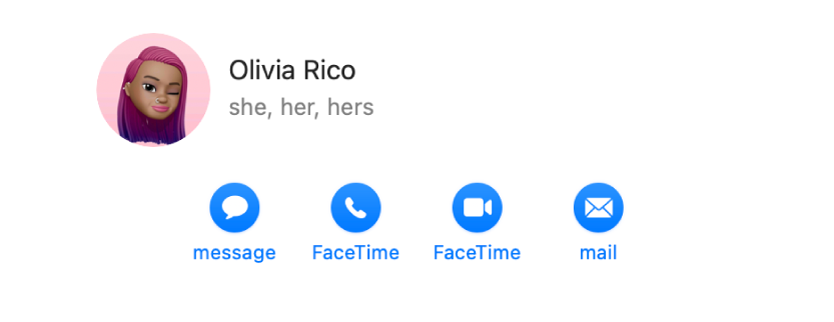 Contact card showing the contact’s pronouns under the name.