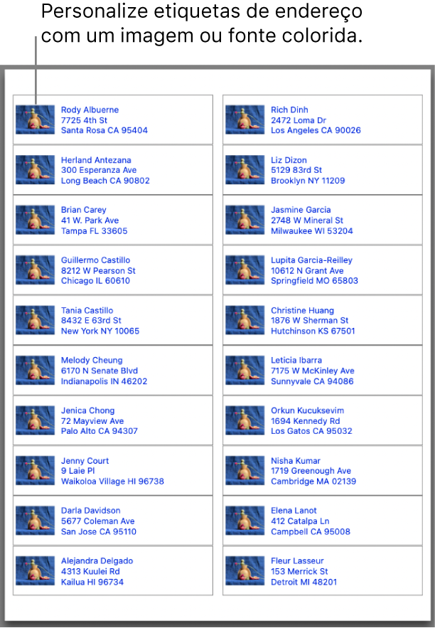 Uma pré-visualização de etiquetas de endereço, personalizadas com uma imagem e fonte colorida, prontas para impressão.